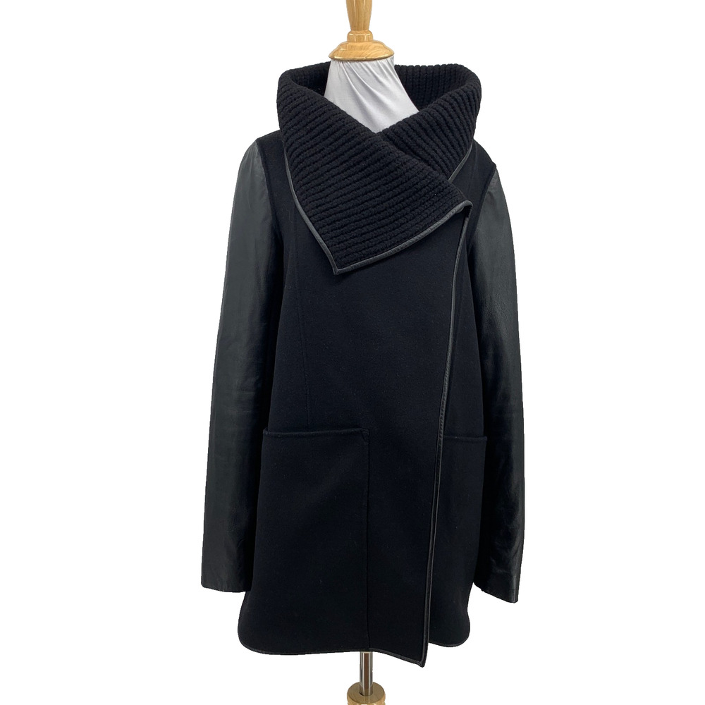 Mackage Coat Womens S Small Black Coperlia Wool Blend Leather Sleeve Knit Collar